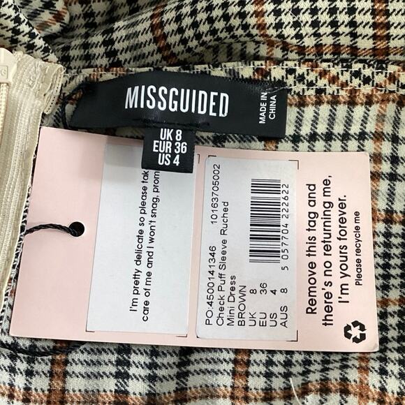 NEW Missguided Brown Checkered Plaid Puff Sleeve Ruched Mini Bodycon Dress Sz 4 - Picture 4 of 5